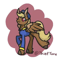 Size: 646x646 | Tagged: safe, artist:thiefyoru, derpibooru import, pegasus, pony, chest fluff, clothes, female, hat, image, mare, png, red eyes, signature, simple background, smiling, spread wings, swift reply, transparent background, trotting, uniform, vulgar description, wings