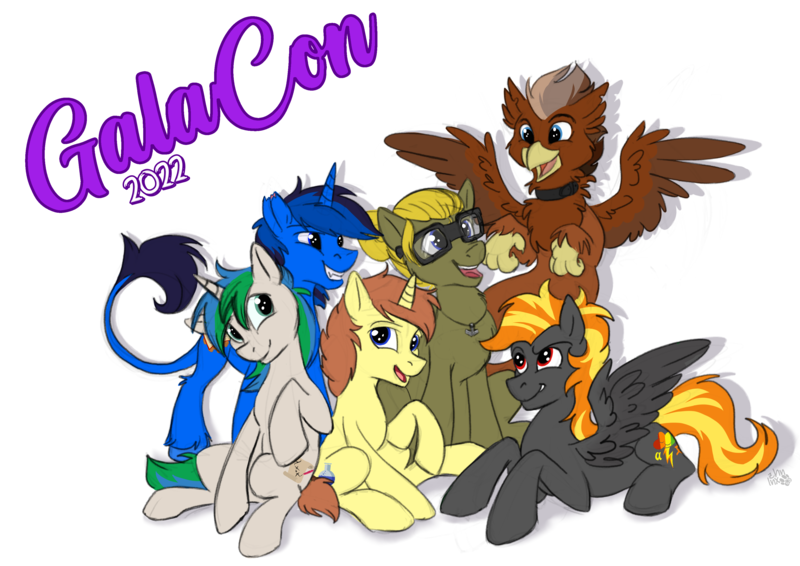 Size: 3508x2480 | Tagged: artist needed, safe, derpibooru import, oc, oc:bluethecake, oc:digidash, oc:donnik, oc:grimvale, oc:star logic, oc:sugar pie, earth pony, gryphon, pegasus, pony, unicorn, galacon 2022, group hug, hug, image, png, simple background, white background