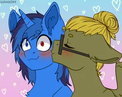 Size: 2700x2160 | Tagged: safe, artist:duskooky, artist:kooky, derpibooru import, oc, oc:bluethecake, oc:donnik, pegasus, pony, unicorn, blushing, image, kissing, png, surprise kiss, surprised