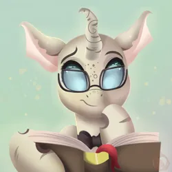 Size: 1000x1000 | Tagged: safe, artist:joaothejohn, derpibooru import, oc, oc:tree, changeling, pony, book, bowtie, buggo, bust, changeling oc, commission, horn, image, looking down, male, png, portrait, reading, simple background, solo