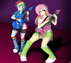 Size: 1280x1134 | Tagged: safe, artist:lennondash, derpibooru import, fluttershy, rainbow dash, human, equestria girls, boots, clothes, duo, duo female, electric guitar, female, grin, guitar, guitar pick, image, jpeg, looking at someone, musical instrument, shadow, shoes, simple background, skirt, smiling, surprised, tanktop, wide eyes