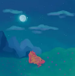 Size: 1440x1452 | Tagged: safe, artist:ariariari.png, derpibooru import, fluttershy, pegasus, pony, eyes closed, grass, grass field, image, jpeg, lying down, lying in grass, mare in the moon, moon, mountain, mountain range, night, solo