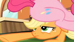 Size: 1472x828 | Tagged: safe, derpibooru import, screencap, applejack, pinkie pie, games ponies play, image, jpeg, sitting on head