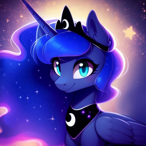 Size: 640x640 | Tagged: safe, derpibooru import, editor:nightluna, machine learning assisted, machine learning generated, stable diffusion, princess luna, alicorn, pony, ai content, crown, derpibooru exclusive, ear fluff, eyelashes, female, generator:purplesmart.ai, image, jewelry, jpeg, looking at you, mare, regalia, smiling, smiling at you, solo, stars
