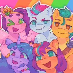 Size: 1440x1440 | Tagged: safe, artist:ariariari.png, derpibooru import, hitch trailblazer, izzy moonbow, pipp petals, sunny starscout, zipp storm, earth pony, pegasus, pony, unicorn, g5, :p, bracelet, image, jewelry, jpeg, looking at you, mane five (g5), multicolored hair, one eye closed, redraw, smiling, smirk, tongue out, wink