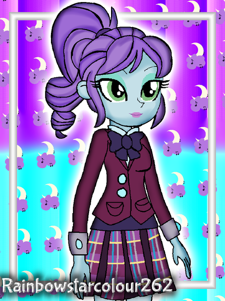 Size: 768x1024 | Tagged: safe, artist:rainbowstarcolour262, derpibooru import, part of a set, crystal lullaby, human, series:equ wallpapers, equestria girls, friendship games, abstract background, background human, bowtie, clothes, crystal prep academy uniform, crystal prep shadowbolts, female, image, lipstick, part of a series, plaid skirt, pleated skirt, png, ponytail, school uniform, shirt, signature, skirt, solo