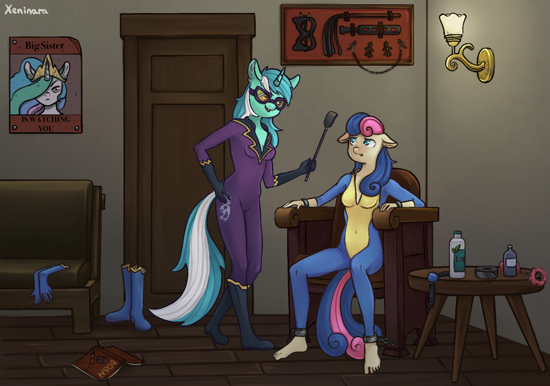 Size: 1533x1076 | Tagged: questionable, artist:xeninara, derpibooru import, bon bon, lyra heartstrings, princess celestia, sweetie drops, anthro, earth pony, plantigrade anthro, unicorn, ballgag, bdsm, bodysuit, bondage, bondage furniture, boots, cat o' ninetails, chains, chair, clothes, commission, commissioner:citizenwolf, costume, cuffs, door, duo, female, gag, gloves, goggles, image, lamp, latex, latex suit, lesbian, lube, lyrabon, magazine, mask, nipple chain, nipple clamps, nudity, paddle, png, poster, riding crop, roleplaying, sex toy, shadowbolts, shadowbolts costume, shipping, shoes, table, tape, uniform, wonderbolts uniform, wooden floor