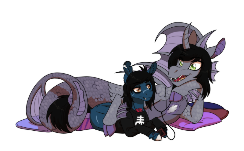 Size: 1900x1181 | Tagged: safe, alternate version, artist:inuhoshi-to-darkpen, derpibooru import, oc, ponified, ponified:kellin quinn, ponified:oliver sykes, earth pony, pony, siren, undead, zombie, zombie pony, bone, bring me the horizon, clothes, cloven hooves, commission, curved horn duo, duo, duo male, earbuds, fangs, fins, fish tail, gay, happy, horn, image, intertwined tails, lip piercing, listening to music, long sleeves, looking at each other, looking at someone, lying down, male, mp3 player, open mouth, piercing, pillow, png, prone, scales, scar, sharing headphones, shipping, simple background, sleeping with sirens, slit pupils, smiling, stitches, tail, tattoo, torn ear, transparent background, window