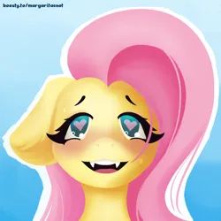 Size: 2000x2000 | Tagged: safe, artist:margaritaenot, derpibooru import, fluttershy, pegasus, pony, blue background, blushing, bust, gradient background, heart, heart eyes, horny, image, png, portrait, simple background, solo, wingding eyes