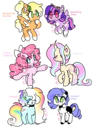 Size: 2208x3000 | Tagged: safe, artist:cutiesparke, derpibooru import, applejack, fluttershy, pinkie pie, rainbow dash, rarity, twilight sparkle, cow, earth pony, hybrid, pegasus, pony, unicorn, alternate universe, arm fluff, bow, chest fluff, choker, coat markings, crossed hooves, curved horn, description is relevant, ear fluff, ear tufts, earth pony rainbow dash, earth pony rarity, eyes closed, female, flapplejack, goggles, gradient mane, hair bow, horn, image, leaves, leaves in hair, mane six, mare, markings, pegasus twilight sparkle, png, pointing, race swap, raised hoof, raricow, simple background, socks (coat marking), species swap, spread wings, unicorn fluttershy, unicorn pinkie pie, white background, wings