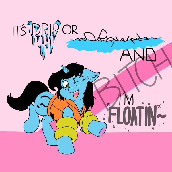 Size: 3508x3508 | Tagged: safe, artist:ponny, derpibooru import, oc, oc:anonfilly, unofficial characters only, pony, unicorn, female, filly, hoof heart, image, inner tube, one eye closed, png, pool toy, solo, speech bubble, text, underhoof, vulgar, water wings, wink