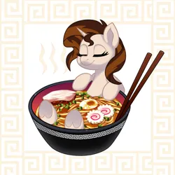 Size: 1300x1301 | Tagged: safe, artist:softpawsart, derpibooru import, oc, oc:caramel, unofficial characters only, pony, unicorn, base used, eyes closed, female, food, image, jpeg, mare, micro, noodles, ramen, solo