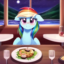 Size: 640x640 | Tagged: safe, ai content, derpibooru import, machine learning generated, novelai, stable diffusion, rainbow dash, pegasus, pony, g4, ai composition, blushing, date, eyebrows, eyebrows visible through hair, female, floppy ears, folded wings, food, glass, high res, image, indoors, interior, looking at you, mare, offscreen character, plate, png, pov, prompter:ada, restaurant, sitting, sitting at table, smiling, smiling at you, solo, spread wings, story included, wings