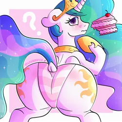 Size: 2000x2000 | Tagged: suggestive, alternate version, artist:edgyanimator, derpibooru import, princess celestia, alicorn, pony, blushing, butt, butt blush, cake, cakelestia, caught, cel shading, cherry, closed mouth, clothes, colored, colored pupils, crown, derpibooru exclusive, digital art, dock, ethereal hair, ethereal mane, ethereal tail, eyebrows, eyebrows visible through hair, eyelashes, female, firealpaca, floppy ears, folded wings, food, highlights, hoof shoes, image, jewelry, jpeg, looking at you, looking back, looking back at you, mare, multicolored hair, multicolored mane, necklace, peytral, plot, praise the sun, princess, princess shoes, purple eyes, question mark, raised hoof, regalia, shading, shoes, signature, simple background, solo, solo female, starry mane, striped underwear, stupid sexy celestia, sunbutt, surprised, tail, the ass was fat, underwear, wall of tags, white coat, white fur, wings