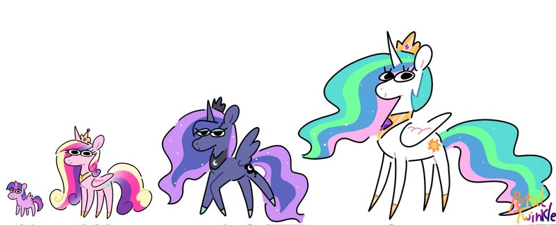 Size: 2048x830 | Tagged: safe, artist:petaltwinkle, derpibooru import, princess cadance, princess celestia, princess luna, twilight sparkle, twilight sparkle (alicorn), alicorn, pony, alicorn tetrarchy, female, image, jpeg, mare, simple background, size chart, size comparison, smol, tallestia, white background