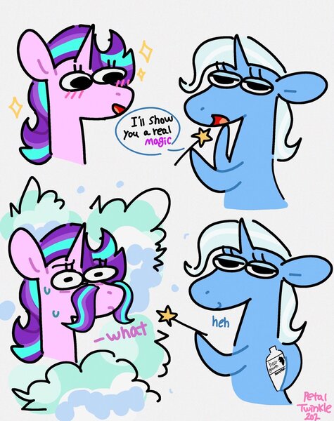 Size: 1013x1280 | Tagged: safe, artist:petaltwinkle, derpibooru import, starlight glimmer, trixie, pony, unicorn, comic, duo, facial hair, female, hoof hold, image, jpeg, lidded eyes, magic wand, magnetic hooves, mare, moustache, open mouth, open smile, signature, simple background, smiling, sweat, white background