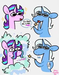 Size: 1013x1280 | Tagged: safe, artist:petaltwinkle, derpibooru import, starlight glimmer, trixie, pony, unicorn, comic, duo, facial hair, female, hoof hold, image, jpeg, lidded eyes, magic wand, magnetic hooves, mare, moustache, open mouth, open smile, signature, simple background, smiling, sweat, white background