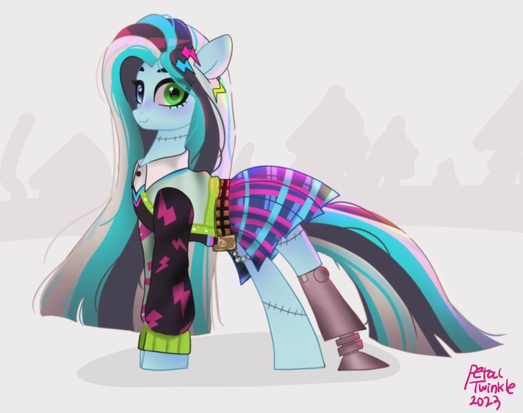 Size: 2048x1620 | Tagged: safe, artist:petaltwinkle, derpibooru import, ponified, earth pony, pony, amputee, clothes, ear piercing, earring, eye clipping through hair, female, frankenpony, frankie stein, heterochromia, image, jewelry, jpeg, looking at you, mare, monster high, peg leg, piercing, plaid skirt, prosthetic leg, prosthetic limb, prosthetics, signature, skirt, smiling, smiling at you, solo