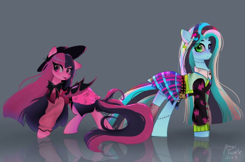 Size: 2048x1353 | Tagged: safe, artist:petaltwinkle, derpibooru import, ponified, bat pony, pegasus, pony, undead, vampire, vampony, clothes, draculaura, dress, duo, ear piercing, earring, eye clipping through hair, fangs, female, frankenpony, frankie stein, gray background, hat, heterochromia, image, jewelry, jpeg, looking at you, mare, monster high, piercing, plaid skirt, simple background, skirt, smiling, smiling at you, tongue out