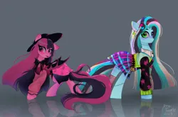 Size: 2048x1353 | Tagged: safe, artist:petaltwinkle, derpibooru import, ponified, bat pony, pegasus, pony, undead, vampire, vampony, clothes, draculaura, dress, duo, ear piercing, earring, eye clipping through hair, fangs, female, frankenpony, frankie stein, gray background, hat, heterochromia, image, jewelry, jpeg, looking at you, mare, monster high, piercing, plaid skirt, simple background, skirt, smiling, smiling at you, tongue out