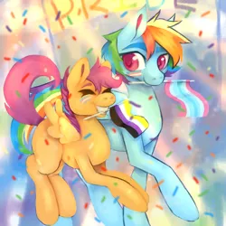 Size: 1240x1240 | Tagged: safe, artist:anyponyrequests, derpibooru import, rainbow dash, scootaloo, pegasus, pony, abstract background, confetti, duo, face paint, flag, image, male, mouth hold, nonbinary, nonbinary pride flag, png, pride, pride flag, smiling, trans male, transgender, transmasc pride flag, walking