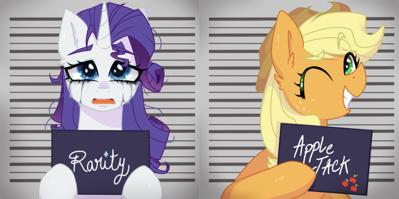 Size: 2463x1231 | Tagged: safe, artist:thecreativerey, derpibooru import, applejack, rarity, earth pony, pony, unicorn, applejack's hat, barbie mugshot meme, cowboy hat, crying, duo, eyeshadow, female, freckles, grin, hat, image, lesbian, makeup, mare, meme, messy mane, mugshot, one eye closed, open mouth, png, rarijack, running makeup, sad, shipping, smiling, wink