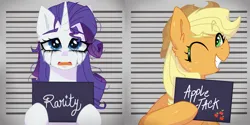 Size: 2463x1231 | Tagged: safe, artist:thecreativerey, derpibooru import, applejack, rarity, earth pony, pony, unicorn, applejack's hat, barbie mugshot meme, cowboy hat, crying, duo, eyeshadow, female, freckles, grin, hat, image, lesbian, makeup, mare, meme, messy mane, mugshot, one eye closed, open mouth, png, rarijack, running makeup, sad, shipping, smiling, wink