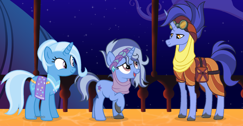 Size: 1920x993 | Tagged: safe, artist:pastelnightyt, derpibooru import, hoo'far, trixie, oc, oc:mystic, pony, unicorn, alternate hairstyle, clothes, female, g4, goggles, goggles on head, happy, horn, image, looking down, looking up, male, mare, offspring, older, open mouth, open smile, parent:hoo'far, parent:trixie, parents:trixfar, png, raised hoof, shipping, signature, smiling, stallion, straight, tail, trixfar, unshorn fetlocks