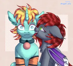 Size: 3000x2700 | Tagged: safe, artist:ingolf arts, derpibooru import, oc, oc:divine lover, oc:wolfberry, unofficial characters only, bat pony, earth pony, pony, unicorn, bell, bell collar, clothes, collar, couple, cute, ear fluff, eye reflection, female, folded wings, high res, horn, image, licking, looking at you, male, open mouth, png, reflection, tongue out, wings