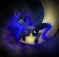 Size: 1528x1469 | Tagged: safe, artist:greenybeenie, derpibooru import, princess luna, alicorn, pony, cloud, crescent moon, ethereal mane, female, glow, glowing horn, horn, image, lying down, mare, moon, night, png, prone, sky, solo, starry mane, stars, tangible heavenly object