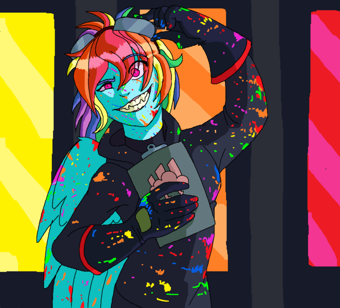 Size: 1128x1024 | Tagged: semi-grimdark, artist:applejackofalltrades, derpibooru import, rainbow dash, anthro, fanfic:rainbow factory, abstract background, blood, blood splatter, clipboard, evil grin, fanfic art, goggles, goggles on head, grin, image, liquid rainbow, ms paint, parent:rainbow dash, png, rainbow blood, rainbow factory dash, rainbow factory logo, smiling, spectra, standing