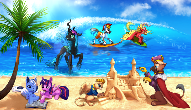 Size: 3043x1756 | Tagged: safe, artist:kleowolfy, derpibooru import, queen chrysalis, twilight sparkle, twilight sparkle (alicorn), oc, alicorn, gryphon, zebra, equestria at war mod, beach, cloud, eye clipping through hair, eyebrows, folded wings, griffon oc, grin, high res, image, insect wings, lying down, ocean, open mouth, open smile, palm tree, png, prone, raised hoof, reading, sandcastle, signature, sky, smiling, spread wings, sunglasses, surfing, tree, water, wings, zebra oc