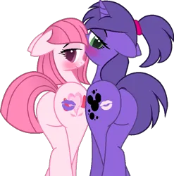 Size: 689x696 | Tagged: suggestive, artist:lilylocket, artist:tanahgrogot, derpibooru import, oc, oc:annisa trihapsari, oc:violetta cuddles belle, unofficial characters only, earth pony, pony, unicorn, adorasexy, annibutt, base used, butt, butt to butt, butt touch, cute, duo, duo female, earth pony oc, female, image, kiss on the lips, kissing, lesbian couple, looking at you, looking back, looking back at you, mare, plot, png, ponytail, sexy, simple background, smiling, smiling at you, sultry pose, transparent background