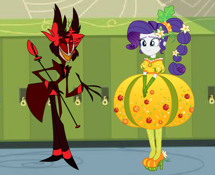 Size: 882x720 | Tagged: safe, derpibooru import, rarity, demon, human, equestria girls, equestria girls series, holidays unwrapped, spoiler:eqg series (season 2), alastor, cornucopia costumes, crossover, cute, female, hazbin hotel, image, inflatable dress, male, png, vivziepop