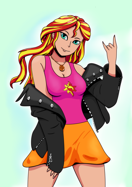 Size: 6614x9354 | Tagged: safe, artist:matttg04, derpibooru import, kotobukiya, sunset shimmer, human, equestria girls, bishoujo, clothes, devil horn (gesture), female, geode of empathy, humanized, image, jacket, kotobukiya sunset shimmer, leather, leather jacket, looking at you, magical geodes, png, simple background, skirt, smiling, solo