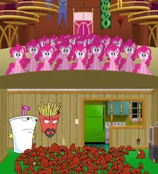 Size: 1280x1408 | Tagged: safe, derpibooru import, screencap, pinkie pie, too many pinkie pies, aqua teen hunger force, comparison, frylock, image, master shake, meatwad, multiple meat, png