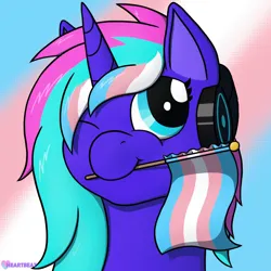 Size: 1000x1000 | Tagged: safe, artist:passionpanther, derpibooru import, oc, oc:heartbeat, unofficial characters only, pony, unicorn, headphones, image, png, pride, pride flag, pride month, solo, transgender, transgender oc, transgender pride flag