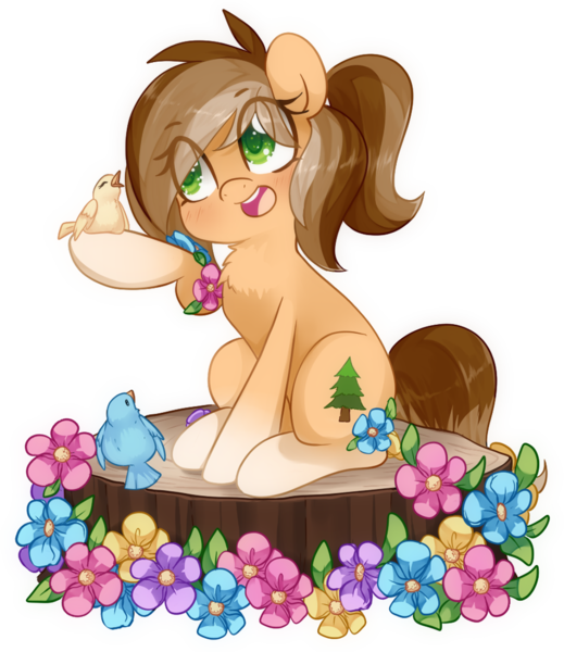 Size: 1000x1155 | Tagged: safe, artist:loyaldis, derpibooru import, oc, oc:amber evergreen, oc:buck evergreen, unofficial characters only, bird, earth pony, pony, coat markings, cute, female, flower, image, log, mare, markings, open mouth, png, ponytail, raised hoof, rule 63, simple background, sitting, socks (coat marking), transparent background, tree stump