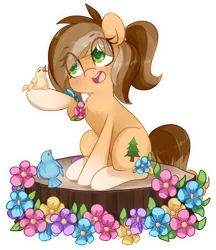 Size: 1000x1155 | Tagged: safe, artist:loyaldis, derpibooru import, oc, oc:amber evergreen, oc:buck evergreen, unofficial characters only, bird, earth pony, pony, coat markings, cute, female, flower, image, log, mare, markings, open mouth, png, ponytail, raised hoof, rule 63, simple background, sitting, socks (coat marking), transparent background, tree stump