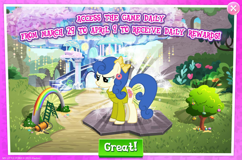 Size: 1960x1296 | Tagged: safe, derpibooru import, official, blueberry curls, bubblegum blossom, earth pony, pony, advertisement, bow, bush, clothes, ear piercing, earring, english, female, gameloft, hair bow, image, jewelry, jpeg, ladder, mare, mobile game, my little pony: magic princess, numbers, piercing, rainbow, solo, sweater, text, tree, vacuum cleaner