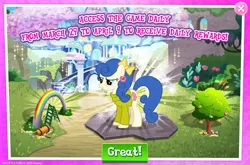 Size: 1960x1296 | Tagged: safe, derpibooru import, official, blueberry curls, bubblegum blossom, earth pony, pony, advertisement, bow, bush, clothes, ear piercing, earring, english, female, gameloft, hair bow, image, jewelry, jpeg, ladder, mare, mobile game, my little pony: magic princess, numbers, piercing, rainbow, solo, sweater, text, tree, vacuum cleaner