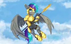 Size: 1920x1200 | Tagged: safe, artist:lunar froxy, derpibooru import, oc, oc:wubzy, unofficial characters only, pegasus, pony, armor, armored pony, chainmail, flying, helmet, image, png, solo, spear, weapon