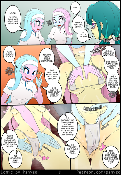 Size: 1485x2145 | Tagged: grimdark, questionable, artist:pshyzomancer, derpibooru import, aloe, fluttershy, juniper montage, lotus blossom, human, comic:tactile response, equestria girls, adorasexy, aphrodisiac, bikini, bikini bottom, bikini top, blushing, breasts, busty fluttershy, butt, cameltoe, clothes, comic, cute, dialogue, embarrassed, eyes closed, female, females only, flutterbutt, glasses, gloves, gritted teeth, grope, image, lotion, massage, massage table, micro bikini, oil, png, room, rubber gloves, sexy, shyabetes, sleep mask, spa, spa twins, speech bubble, squishy, stupid sexy fluttershy, swimsuit, teeth, text, wedgie, x-ray