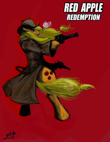 Size: 2550x3300 | Tagged: safe, artist:threestar-lin, derpibooru import, applejack, earth pony, pony, semi-anthro, cigarette, cowboy hat, duster, female, gun, handgun, hat, hoof hold, image, jpeg, mare, red background, red dead redemption, revolver, simple background, smoking, solo, text, weapon