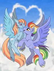 Size: 2894x3810 | Tagged: safe, artist:marsel1nushka, derpibooru import, bow hothoof, windy whistles, pegasus, pony, cloud, duo, duo male and female, female, heart, high res, image, looking at each other, looking at someone, male, mare, png, shipping, stallion, straight, unshorn fetlocks, windyhoof, younger