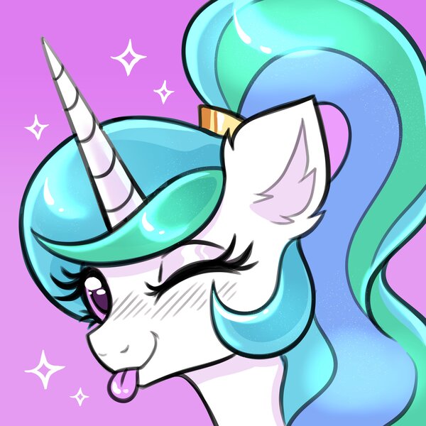 Size: 4000x4000 | Tagged: safe, artist:confetticakez, derpibooru import, princess celestia, alicorn, pony, ;p, absurd resolution, alternate hairstyle, blushing, bust, cute, cutelestia, female, image, jpeg, looking at you, mare, one eye closed, ponytail, purple background, sillestia, silly, simple background, solo, sparkles, tongue out, wink, winking at you