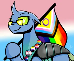 Size: 3834x3150 | Tagged: safe, artist:dsana, derpibooru import, oc, oc:stainless key, changeling, changeling oc, image, png, pride, pride flag, pride month