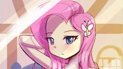 Size: 1920x1079 | Tagged: suggestive, artist:lumineko, derpibooru import, edit, fluttershy, human, equestria girls, adorasexy, arm behind head, armpits, bed, bedroom, bedroom eyes, blushing, cropped, cropped porn, cute, female, fluttershy's cottage, frown, hairpin, image, jpeg, looking at you, mirror, nudity, partial nudity, reflection, sexy, shyabetes, solo, solo female, wallpaper