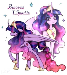 Size: 1280x1440 | Tagged: safe, artist:zero-paint, derpibooru import, princess twilight 2.0, twilight sparkle, twilight sparkle (alicorn), alicorn, pony, the last problem, braid, braided tail, ethereal mane, eye clipping through hair, eyebrows, eyebrows visible through hair, eyes closed, female, image, looking at you, mare, name, older, older twilight, partially open wings, png, simple background, smiling, smiling at you, solo, sparkles, tail, white background, wings