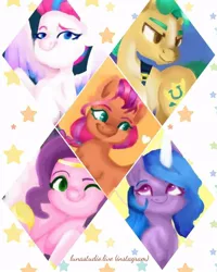 Size: 720x900 | Tagged: safe, artist:lunastudiolive, derpibooru import, hitch trailblazer, izzy moonbow, pipp petals, sunny starscout, zipp storm, earth pony, pegasus, pony, unicorn, g5, female, image, jpeg, male, mane five (g5), mare, smiling, stallion